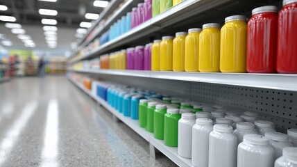 Fototapeta premium Colorful paint jars on shelves in bright modern supermarket aisle
