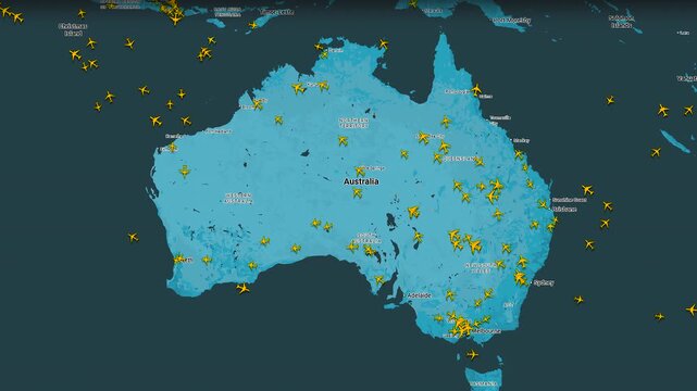 Air traffic density map over Australia aviation activity overview, Continental visualization of aircraft positions and active airspace
