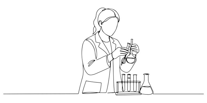 Continuous one line of a scientist mixing liquids in test tubes, drawn illustration.