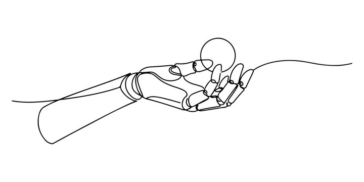 Continuous one line of a robotic hand holding a sphere, drawn illustration.