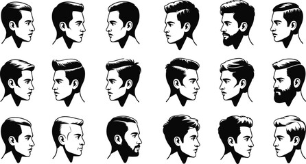 Male profile avatar illustration set, modern men hairstyles and beard styles, black and white portrait side view vector ©  Alexander Creations