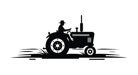 A vintage tractor with a farmer driving depicted in a striking black silhouette high quality professional detailed modern © nhpvect02