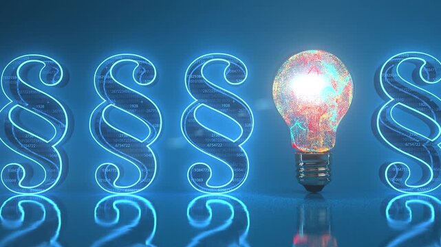 Glowing Light Bulb with Paragraph Symbols and Digital Data Background. 4k video ProRes 4444.