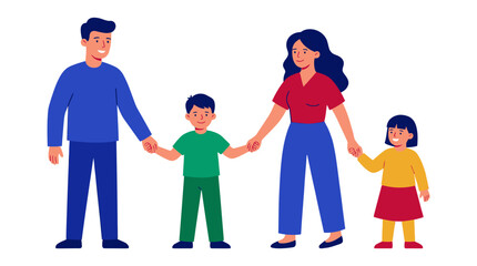 Fototapeta premium Flat vector illustration of a happy family standing together with parents and children. Represents family values, unity, and togetherness.
