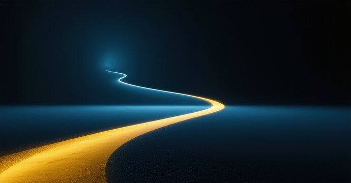 Winding road stretches into darkness. Bright yellow light illuminates path, contrasting with deep blue sky. Minimalist scene evokes journey.