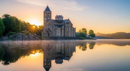 Fototapeta premium Stunning Lakeside Historical Building Reflected in Calm Water Under a Vibrant Golden Sky at Sunrise, Peaceful Morning