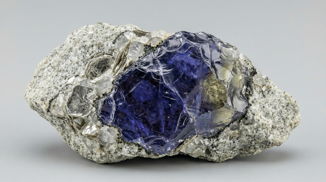 Large violet blue massive cordierite grain with conchoidal fracture surrounded by white granite matrix.