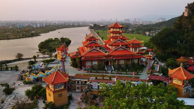 Aerial view of a buddhist temple complex in da nang, quan the am pagoda, vietnam
