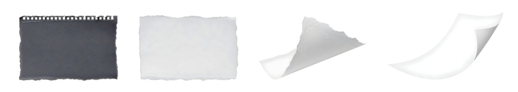 Black Torn Notebook Paper and Falling Ripped White Sheet Set PNG. Spiral Edge Memo and Curled Falling Paper Pieces, Transparent Background