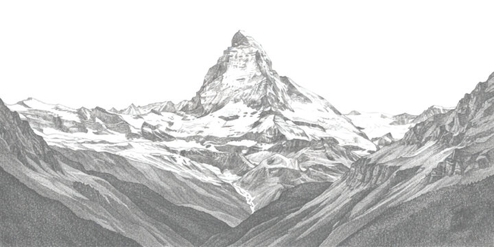 Vintage hand drawn engraving style illustration of the matterhorn mountain peak in the swiss alps, majestic landscape vector art