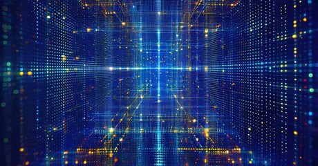 Fototapeta premium Bright blue grid extends into darkness. Numerous small lights create tunnel effect, futuristic impression. Digital aesthetic dominates composition.