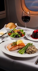 Elegant Airline Meal - Salmon, Salad, Wine, and Dessert.