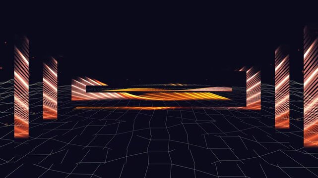 Abstract Digital Wireframe Grid Landscape with Glowing Orange Spectrum on Dark Background