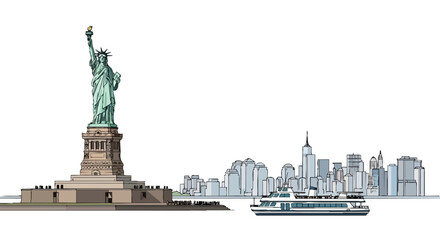Fototapeta premium Flat 2D illustration of the Statue of Liberty and Manhattan skyline with a touristic ferry boat in a famous travel landmark setting.