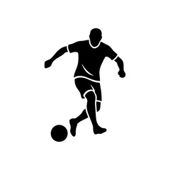 Fototapeta premium Minimalist black silhouette of a male soccer player in motion dribbling a football. Perfect for sports logos, icons, athletic branding, and competition graphics.