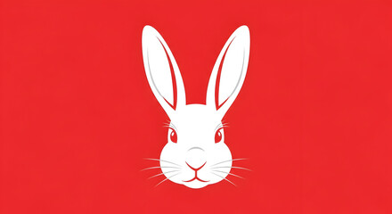 Obraz premium A minimalist white rabbit head illustration on a red background.