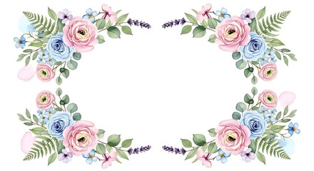 Beautiful floral wreath with pink and blue roses on white background