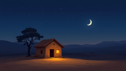 Naklejka premium Cartoon Background Small, humble house lit by a warm glow from the window under a starry night sky with a crescent moon.
