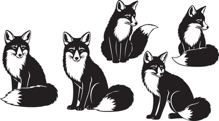Five stylized black and white foxes sitting on tree stumps in a row