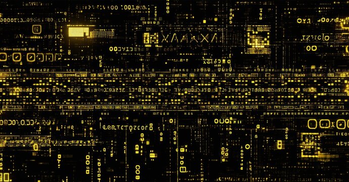Digital rain effect. Glowing code streams down black background. Futuristic data visualization, complex network patterns visible.