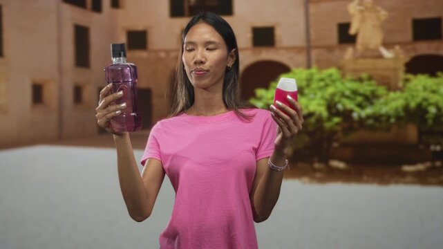 Young thai woman holds mouthwash bottle in one hand and a toothpaste tube in the other while comparing products in front of a building; thoughtful decision.
