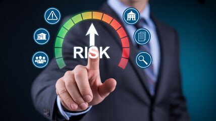 Fototapeta premium Businessman pointing at a risk meter with icons representing business and finance concepts gauge