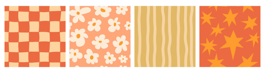 Hand drawn retro seamless pattern in 70s style. Distorted checkered, warped streaks, stars, flowers doodle. Uneven checkered drawn with pencil, trendy style. For printing, fabrics, tableware, wrapping © Marivolkoff