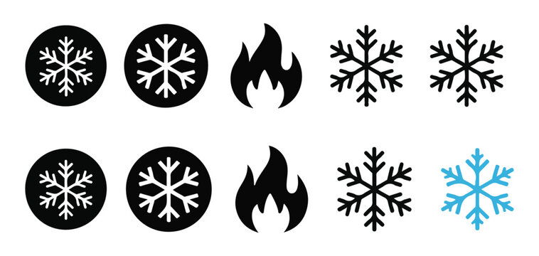 Black fire flame and snowflake icon collection for graphic design elements. vector illustration eps 10