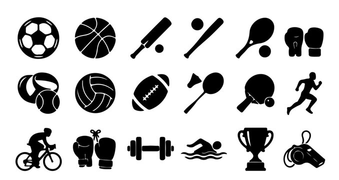 Sports and fitness icon set featuring equipment like football basketball boxing gloves and trophy in solid black style