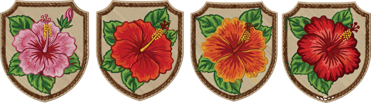 Set of four colorful tropical hibiscus flower patches with embroidered texture on vintage shields, floral summer badges for apparel design and beach theme travel