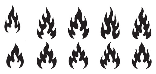 Naklejka premium Set of black fire flame and campfire icons isolated on white background. vector illustration eps 10