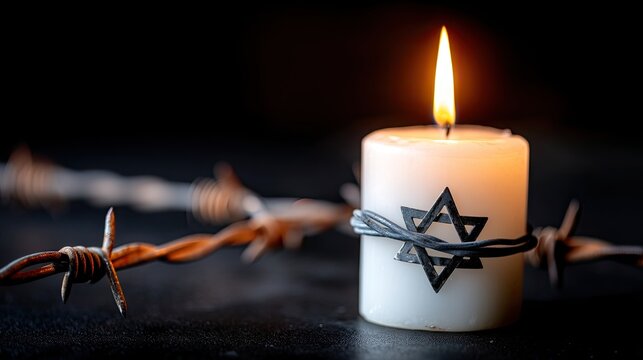 White candle with Star of David wrapped in barbed wire on black background evokes feelings of hope and horror during World War II concentration camps