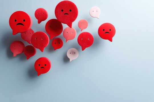 Cluster red speech bubbles with sad faces on blue background representing negative feedback criticism emotion and online complaints