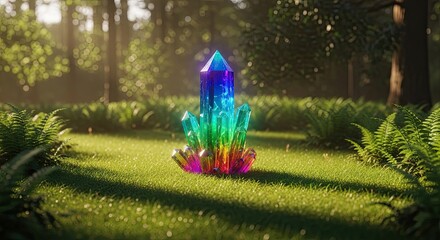 Fototapeta premium Vibrant crystal formation in a sunlit forest glade with lush greenery and trees