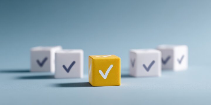 Yellow cube checkmark forefront white checkmark cubes on blue background shallow depth concept of approval highlight and leadership
