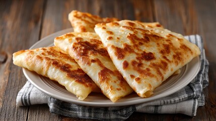 Crispy golden quesadillas on rustic wooden table