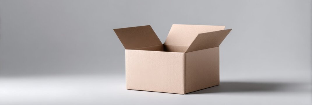Open cardboard box on neutral gray background with soft shadow minimalist studio scene for packaging mockup unboxing and product display
