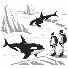 Black and white of orcas and people in snowy landscape © lll