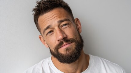 Obraz premium Confident bearded man in casual white shirt against white background