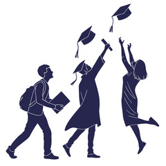 Navy blue silhouette of students tossing graduation caps