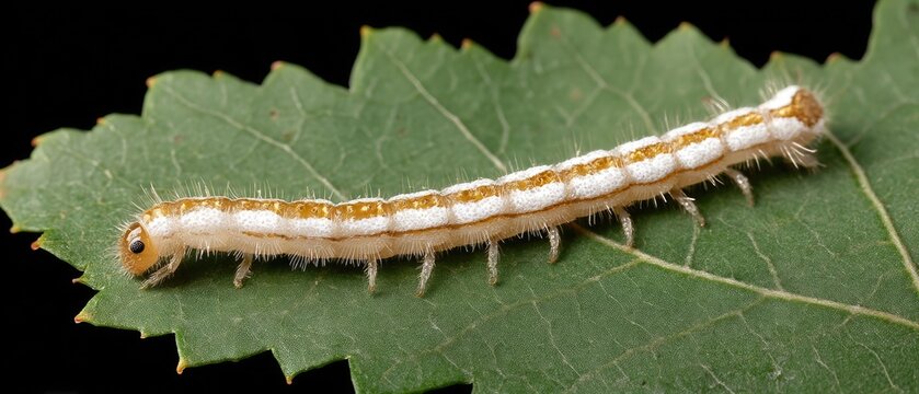 Close-up view of white elaterid larva pupa on leaf in natural setting captures details of insect life cycle