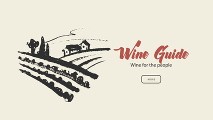 Naklejka premium Sketch vineyard landscape. Wine plantation hills and trees. Hand drawn line art vector illustration of wine growing region. Countryside winemaking background