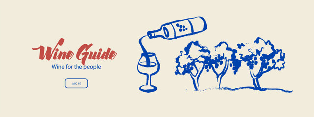 Fototapeta premium Sketch crayon vineyard, wine bottle and glass banner. Hand drawn line art vector illustration. Countryside winemaking background.