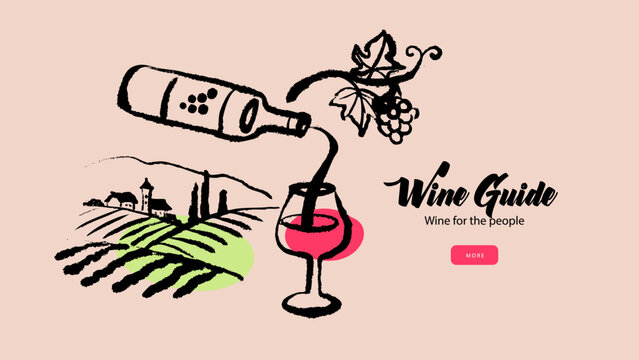 Sketch wine plantation hills, bottle, glass and grapes. Hand drawn line art vector illustration of wine growing region. Countryside winemaking background. Vineyard landscape.