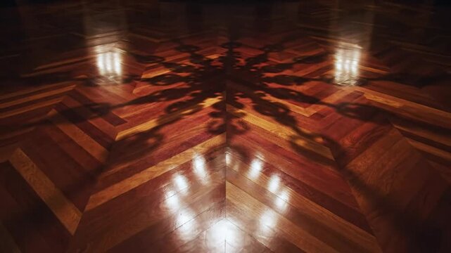Luxurious wooden floor with shadows from a chandelier creating an elegant atmosphere indoors