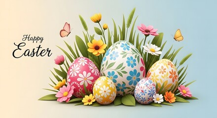 Happy easter day celebration with colorful eggs and flowers