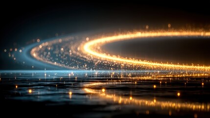 Fototapeta premium Abstract Glowing Swirl of Golden and Blue Light Particles Reflecting on a Dark Surface