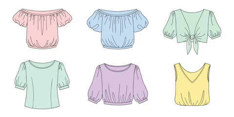 Assorted Women's Tops Collection Featuring Off-Shoulder and Puff Sleeve Styles Fashion Design Apparel Design Isolated on white background