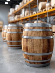 Obraz premium Wooden wine barrels in spacious modern storage warehouse