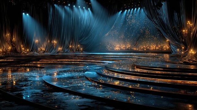 Luxurious stage with cascading curtains spotlighting a shimmering reflective floor adorned with
